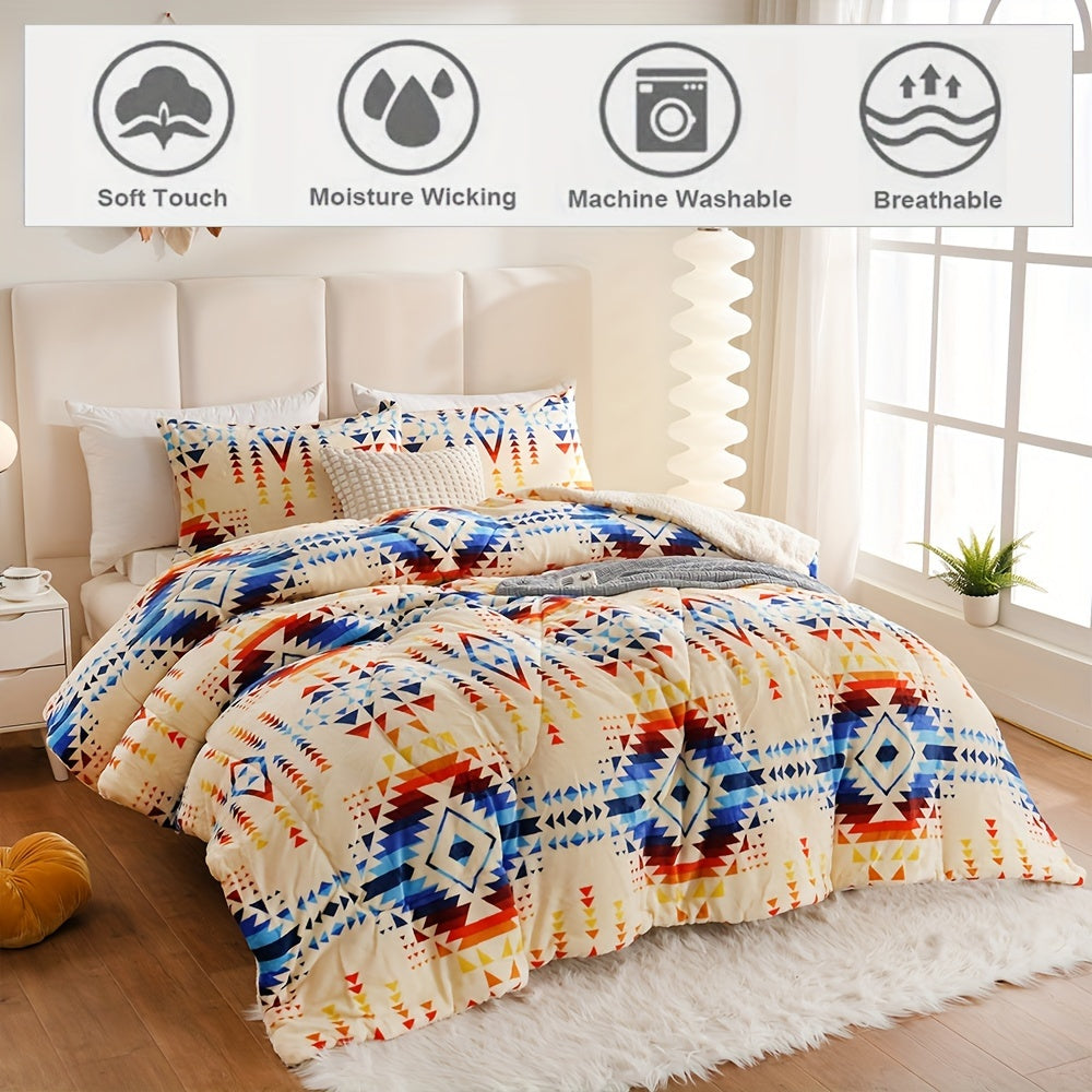 3pcs Fashion Fleece Flannel Comforter Set 1Comforter  2Pillowcase Without Core Rustic Ethnic Style Geometric Print Bedding Set Soft Warm And Skinfriendly Autumn And Winter Comforter For Bedroom Guest Room