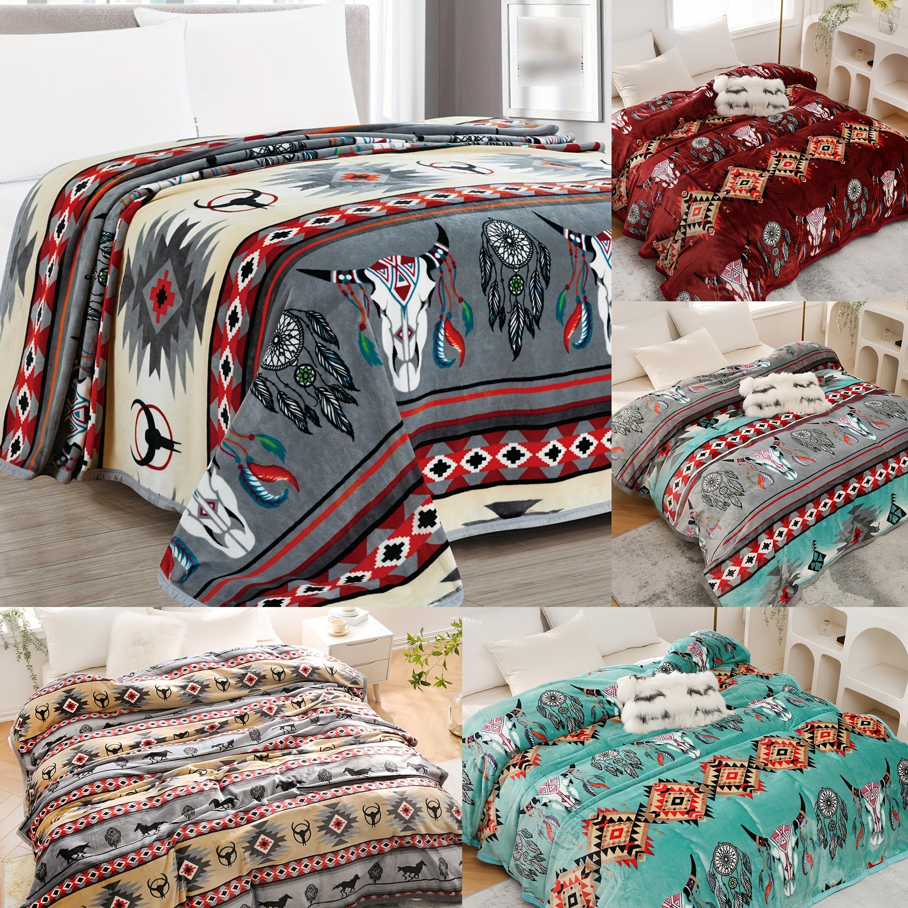 1pc Boho Style Throw Blanket 400GSM Soft Flannel Blanket For Sofa Office Bed Camping Travelling 90558268inch