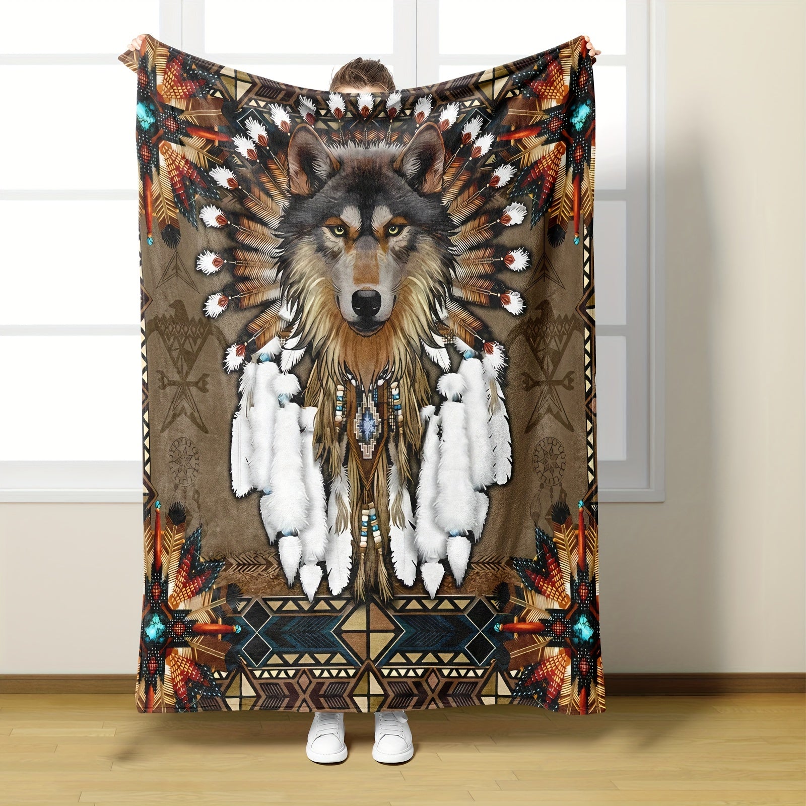 1pc Flannel Throw Blanket Dreamcatcher And Wolf Printed Boho Blanket Warm Cozy Soft Blanket For Couch Bed Sofa Car Office Camping Travelling Gift Blanket Suitable For All Seasons